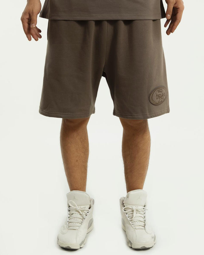 Pro Standard San Francisco 49ers logo team shorts, navy fabric with red and gold team emblem, athletic and comfortable design.