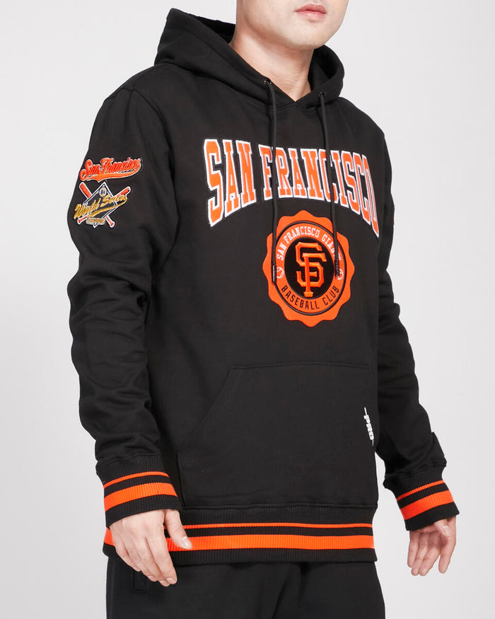 Pro Standard San Francisco Giants crest emblem hoodie featuring team logo and ribbed cuffs on a comfortable pullover.