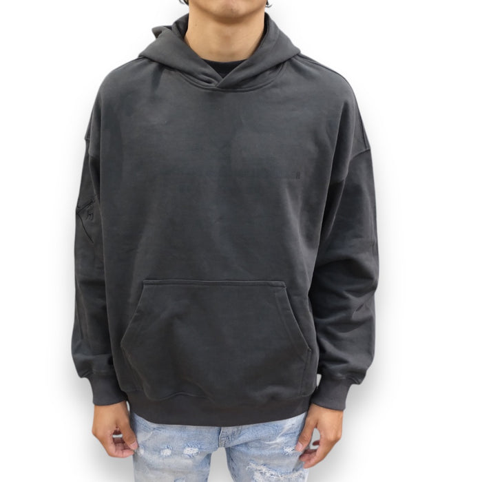 Charcoal French Terry hoodie by Protector and Maintainer, built tough pullover with hood, soft fabric, and casual style.