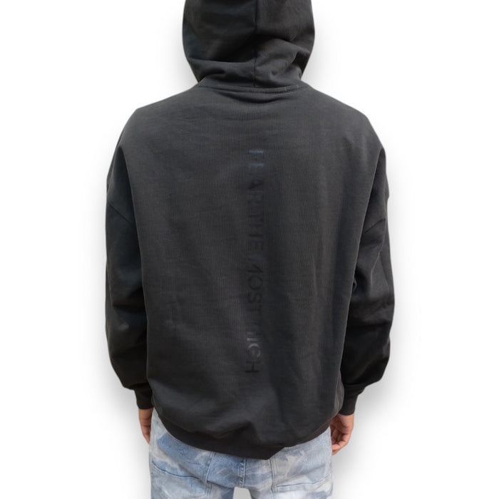 Charcoal French Terry hoodie by Protector and Maintainer, built tough, with a comfortable pullover design and hood detail.
