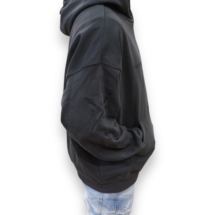 Charcoal French Terry Hoodie by Protector and Maintainer, built tough pullover with front pockets and ribbed cuffs.