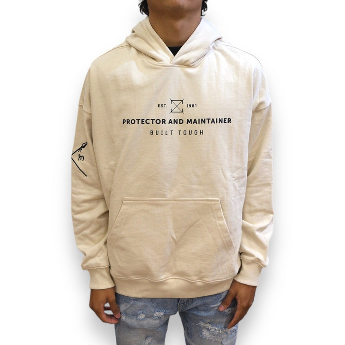 Cream and black French Terry hoodie by Protector and Maintainer, featuring a built tough design and comfortable fit.