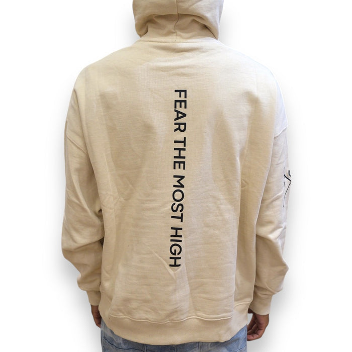 Cream and black French Terry hoodie by Protector and Maintainer with "Built Tough" design, shown on a model.