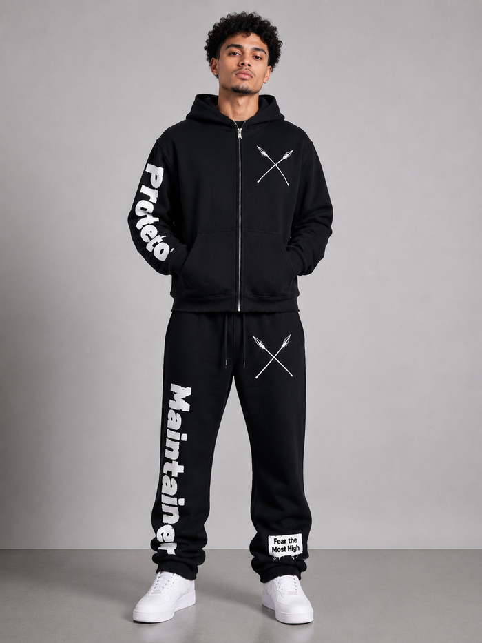 Black cropped hoodie from Protector and Maintainer with zip-up front, featuring the 'FTMH' protector and maintainer logo.