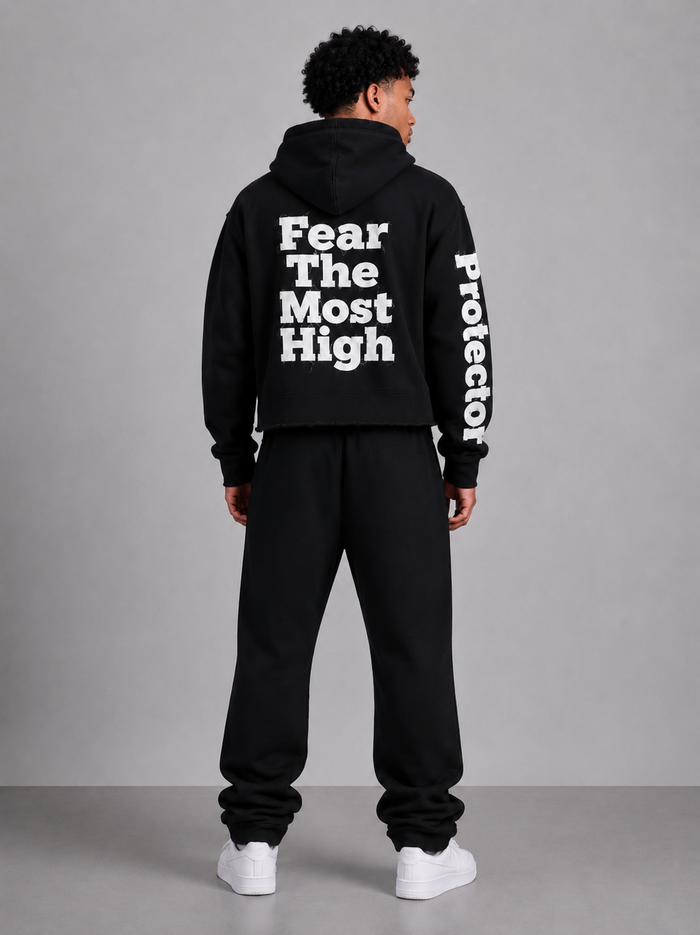 Black Protector and Maintainer FTMH cropped zip-up hoodie with front zipper and hood, casual streetwear style.