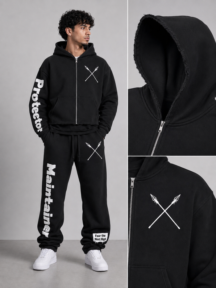 Black cropped zip-up hoodie by Protector and Maintainer, featuring a stylish hood and front zipper.