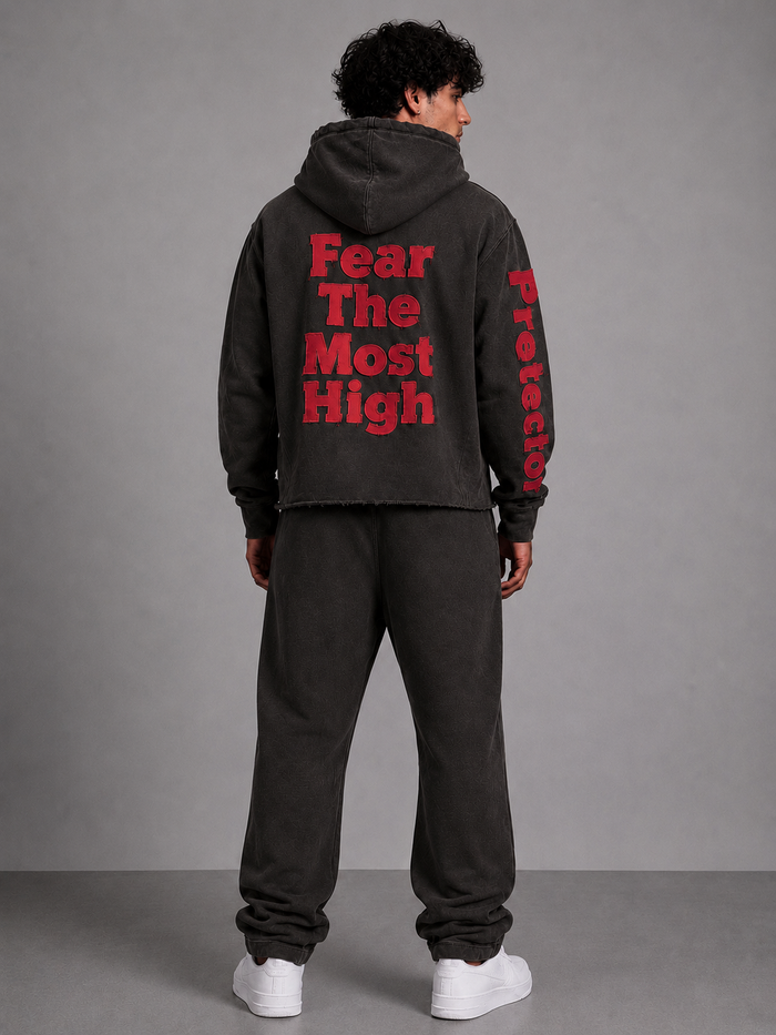 Copper black cropped zip-up hoodie by Protector and Maintainer, featuring a front zipper and casual hood design.