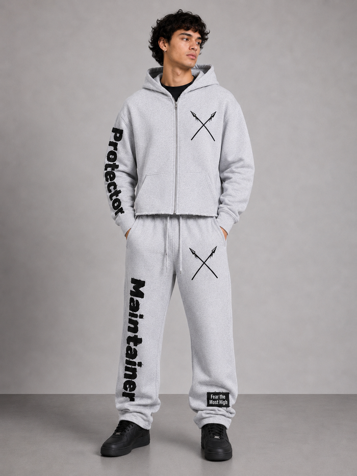 Gray cropped zip-up hoodie from Protector and Maintainer's FTMH collection, featuring a front zipper and casual fit.