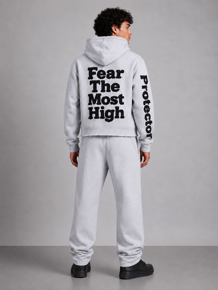 Grey Protector and Maintainer FTMH cropped zip-up hoodie, casual style with front zipper and comfortable fit.