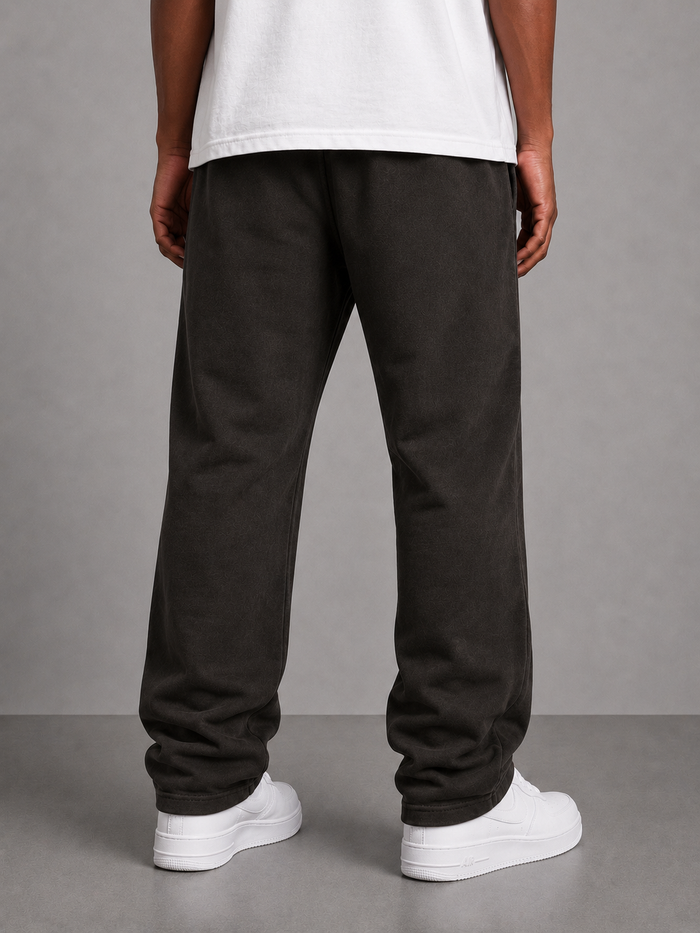 Copper Black heavyweight sweat pants by Protector and Maintainer, stacked style with a comfortable fit and casual design.