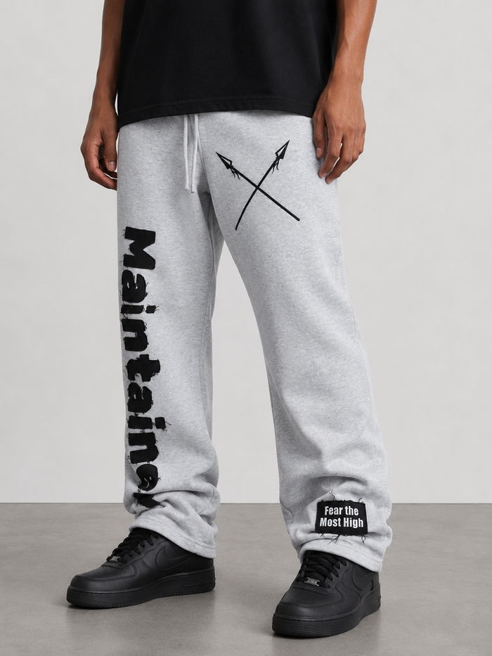 Gray Protector and Maintainer FTMH heavyweight stacked sweatpants with elastic waistband and relaxed fit.