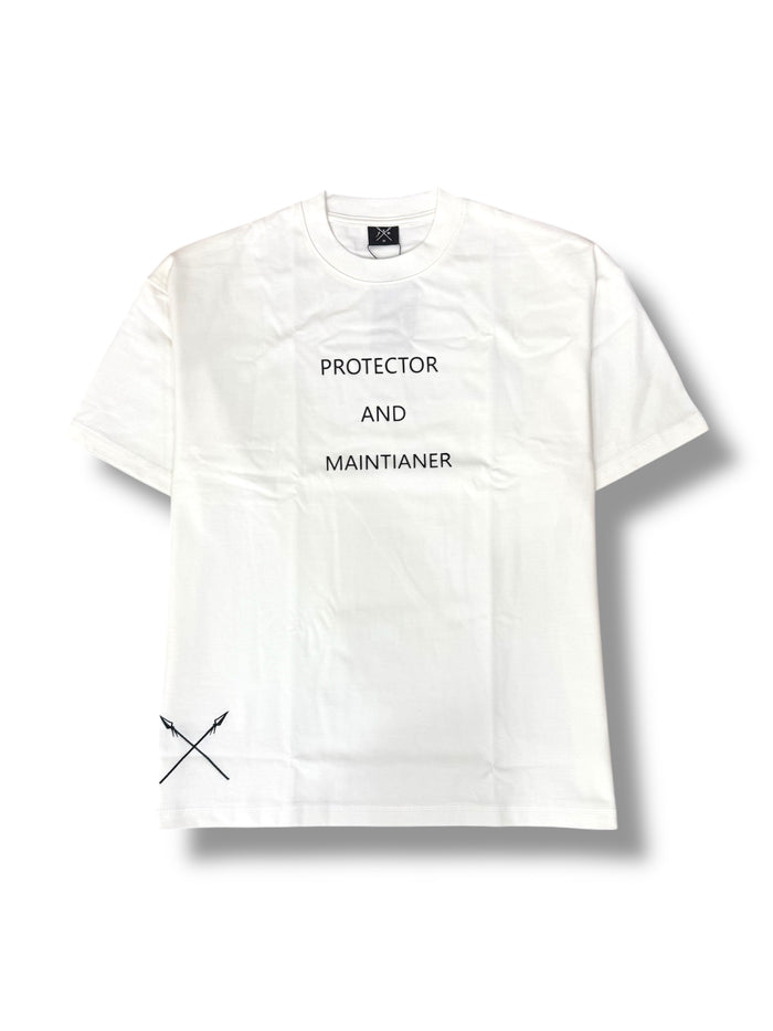 White and black "Not Perfect" T-shirt by Protector and Maintainer, featuring casual fit and bold graphic design.