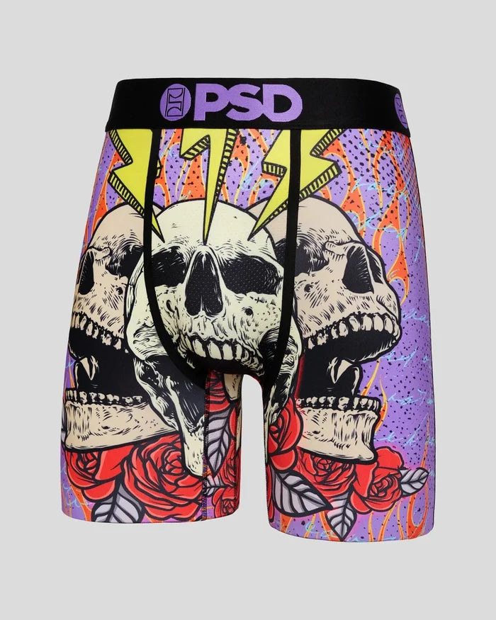 PSD Underwear Insane Flaming Bones boxer briefs in multi-color with fiery skull design on black fabric