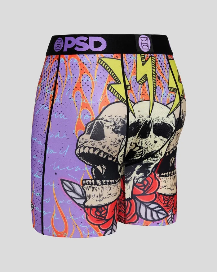 PSD Underwear Insane Flaming Bones boxers with colorful flaming bone print on black fabric, casual men's underwear.