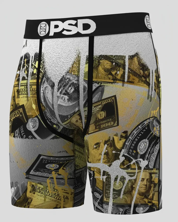PSD Money Metal Boxers underwear featuring a metallic money pattern, made of comfortable fabric, designed for stylish men's accessories.
