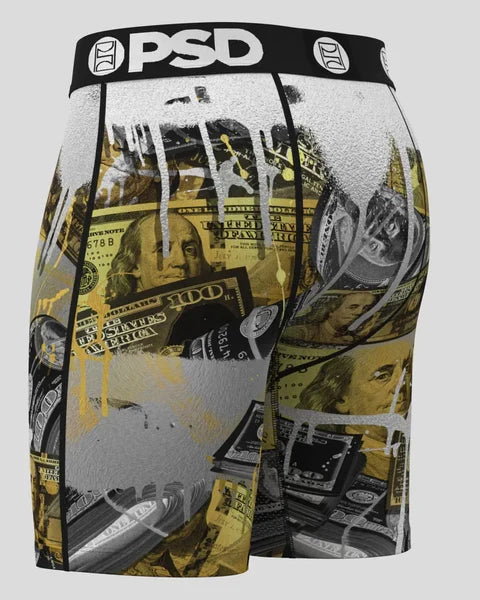 PSD Money Metal boxer briefs featuring a metallic money print design, made by PSD Underwear in a multicolor style.
