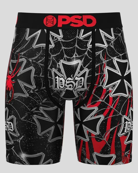 PSD 'Widow' boxers in multi-color with bold design, stylish men's underwear from PSD Underwear, shown flat on a white background.
