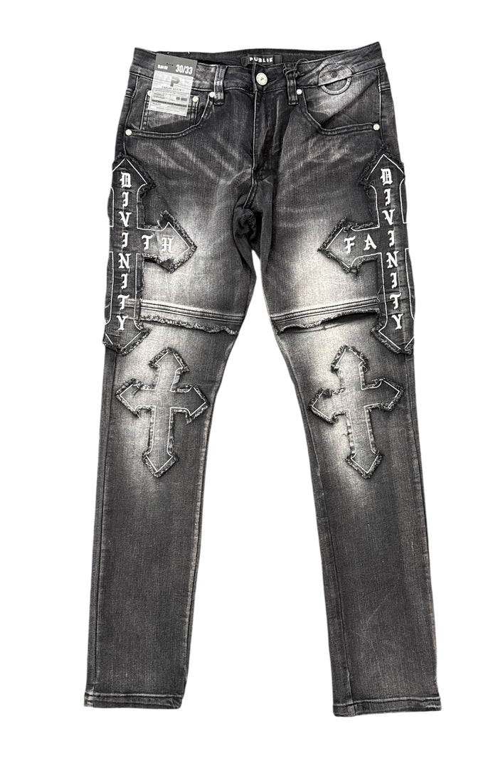 Publik Cross Patch slim fit black shadow denim jeans with distressed details and classic five-pocket design.