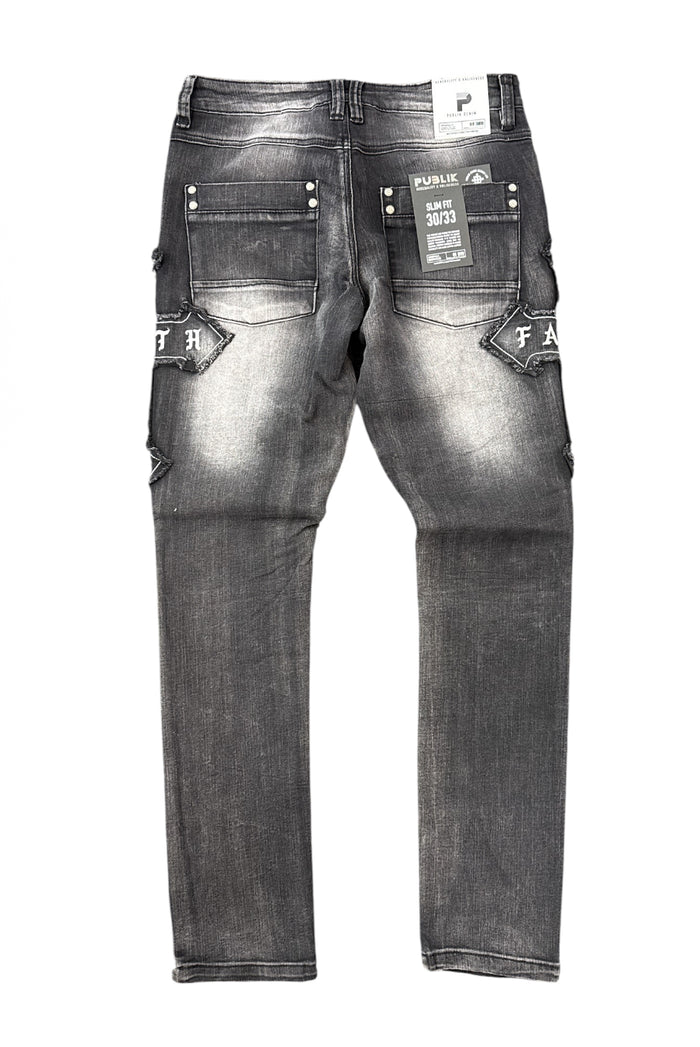 Publik Cross Patch slim fit black shadow denim jeans with cross patch detail, showcasing front view and classic denim style.
