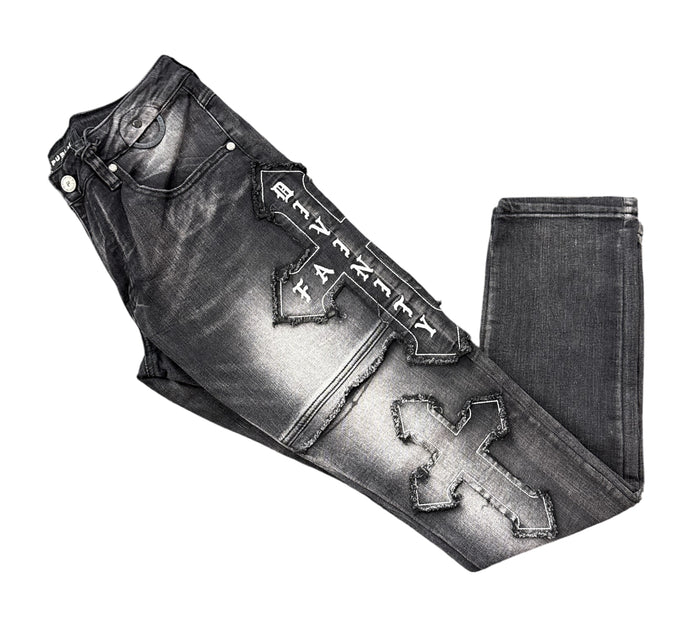 Publik Cross Patch slim fit black shadow denim jeans with cross patch detail, showcasing front view and classic denim stitching.