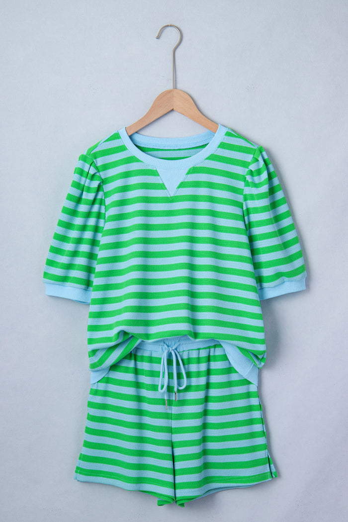 Puff Short Sleeve T Shirt Matching Shorts Set – Green Stripe