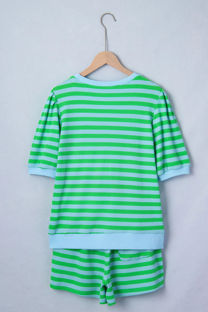 Puff Short Sleeve T Shirt Matching Shorts Set – Green Stripe
