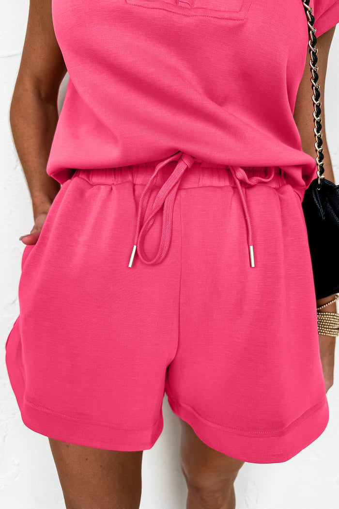 Quarter Zip Sleeveless Top Drawstring Shorts Casual 2pcs Outfit – Fiery Red