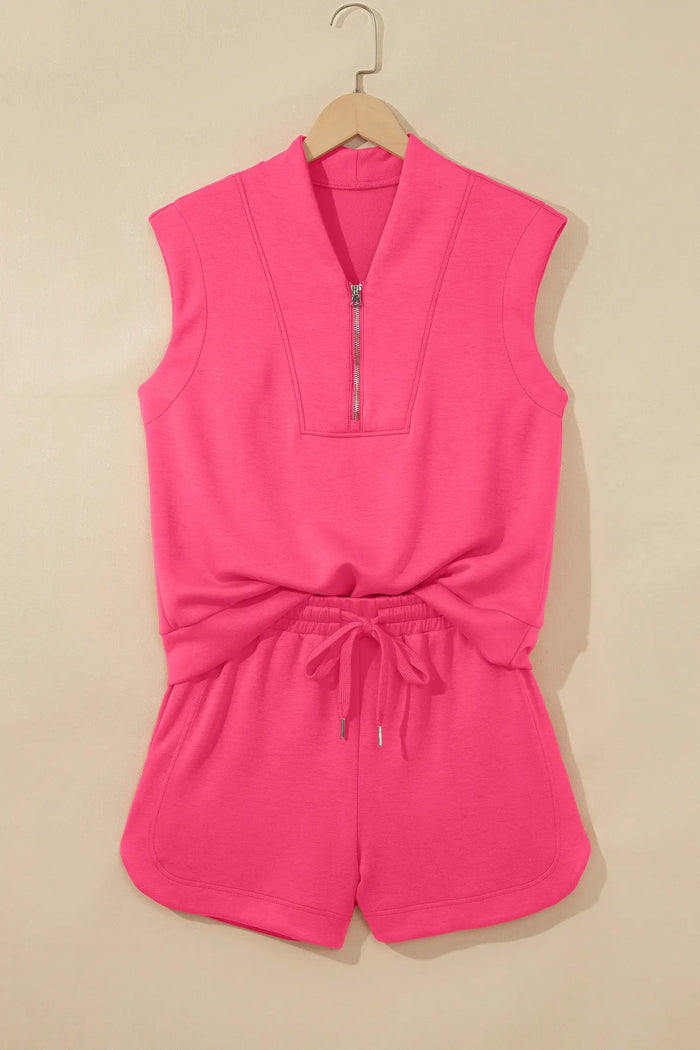 Quarter Zip Sleeveless Top Drawstring Shorts Casual 2pcs Outfit – Fiery Red