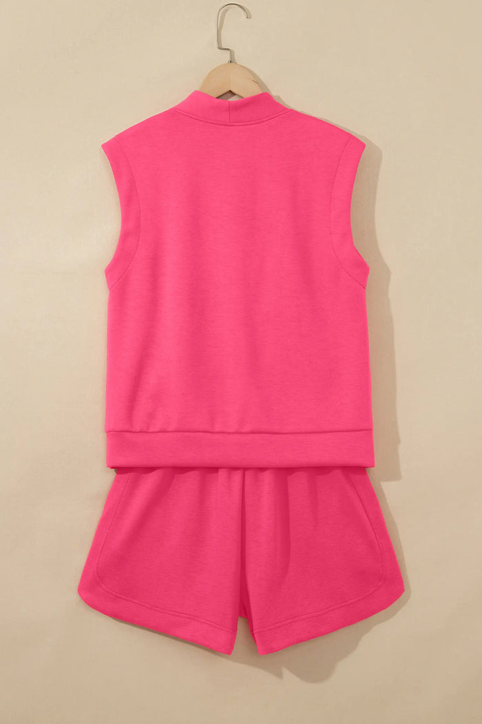 Quarter Zip Sleeveless Top Drawstring Shorts Casual 2pcs Outfit – Fiery Red