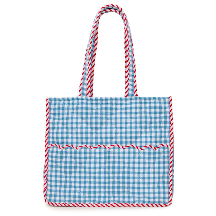 Quilted Gingham Tote Bag | Blue Gingham, Red & White Stripe Trim