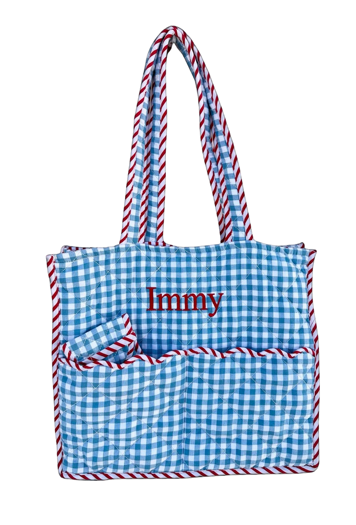 Quilted Gingham Tote Bag | Blue Gingham, Red & White Stripe Trim