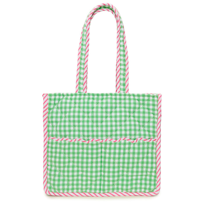 Quilted Gingham Tote Bag | Green Gingham, Red & White Stripe Trim