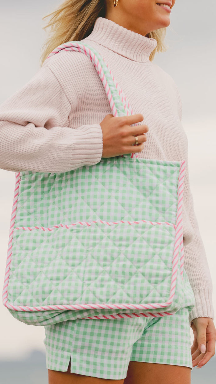 Quilted Gingham Tote Bag | Green Gingham, Red & White Stripe Trim