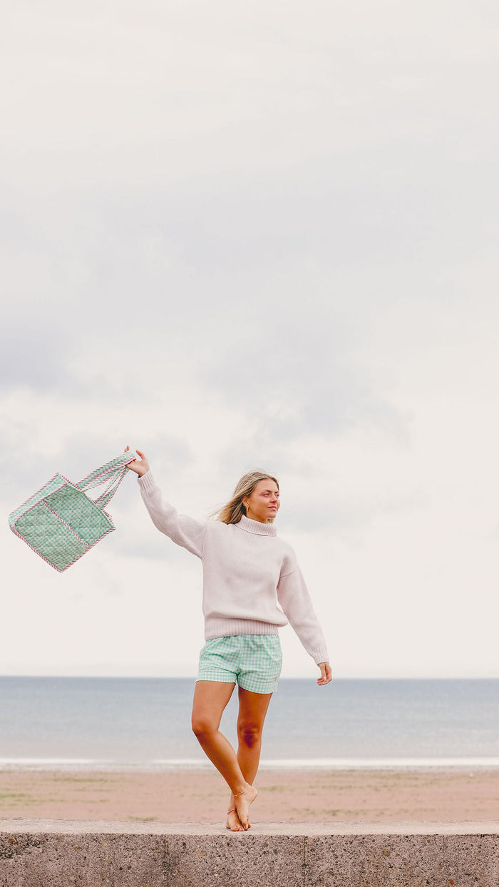 Quilted Gingham Tote Bag | Green Gingham, Red & White Stripe Trim