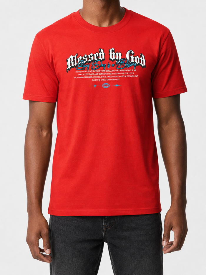 Red R3TRO WORLD Blessed T-Shirt with graphic design, casual fit, and bold style for everyday wear.