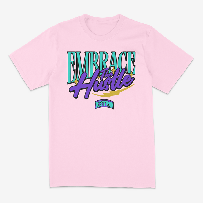 Pink R3TRO WORLD "Embrace the Hustle" T-shirt featuring bold text on the front, casual fit, and soft fabric.