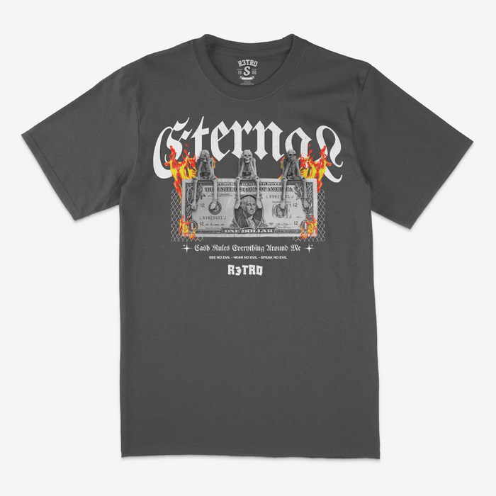 Charcoal R3TRO WORLD 'Eternal Struggle' T-shirt featuring graphic print and casual fit, displayed flat on a white background.
