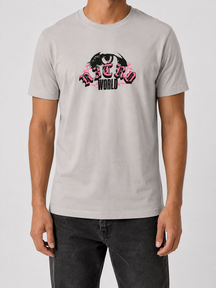R3TRO WORLD grey Eye T-shirt featuring a graphic eye design on the front, casual fit, and soft fabric.