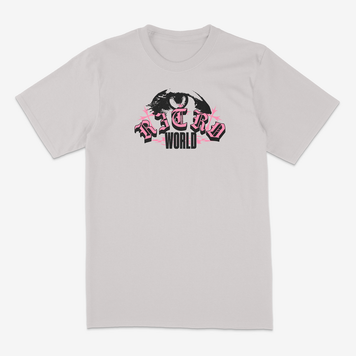 R3TRO WORLD grey 'Eye' T-Shirt with graphic design, casual fit, made from soft fabric, displayed on a plain background.