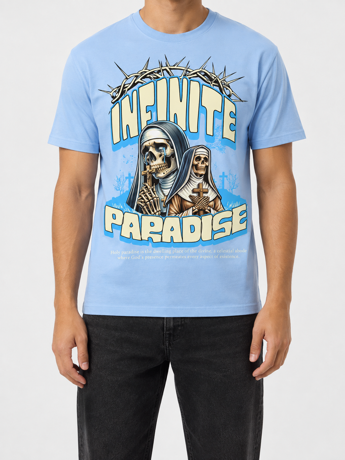 R3TRO WORLD Infinite Paradise light blue T-shirt with colorful graphic design on front.