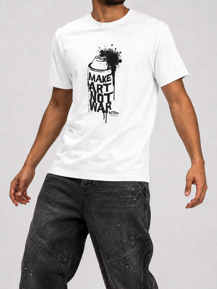 White R3TRO WORLD "Make Art Not War" T-shirt featuring bold graphic print on the front.