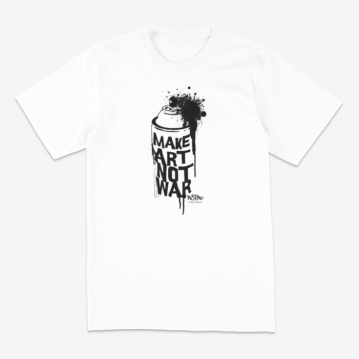 White R3TRO WORLD 'Make Art Not War' T-shirt featuring bold graphic artwork, casual fit, and classic crew neckline.
