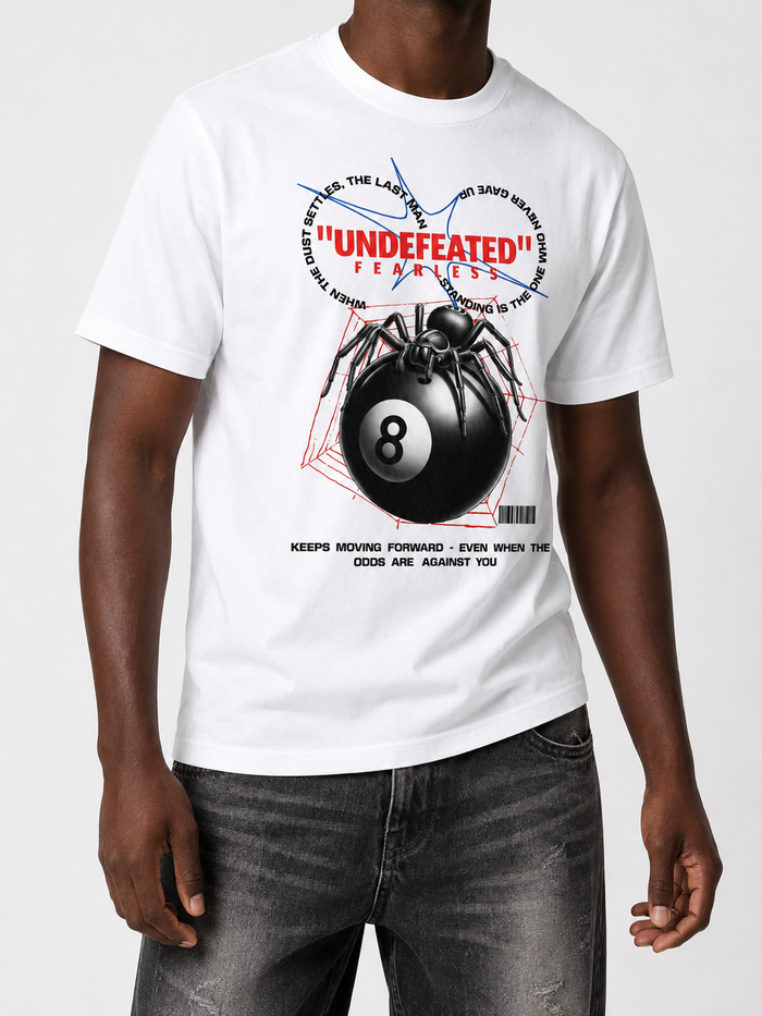 White R3TRO WORLD Undefeated T-shirt with bold graphic design and logo on the front, casual fit for everyday wear.