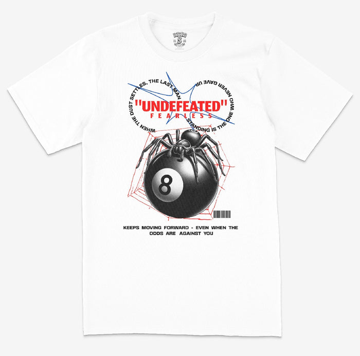 R3TRO WORLD Undefeated white T-shirt with bold graphic design, short sleeves, and classic fit.