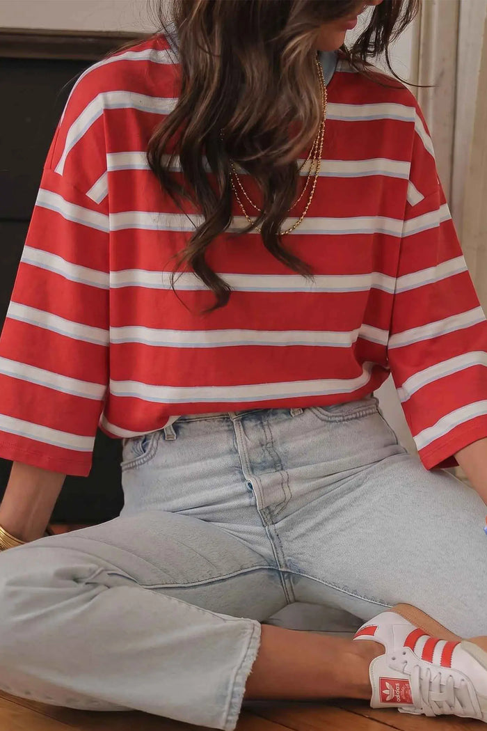 Racing Red Striped Bow Tie Hollowed Back 7/8 Sleeve Casual T-Shirt
