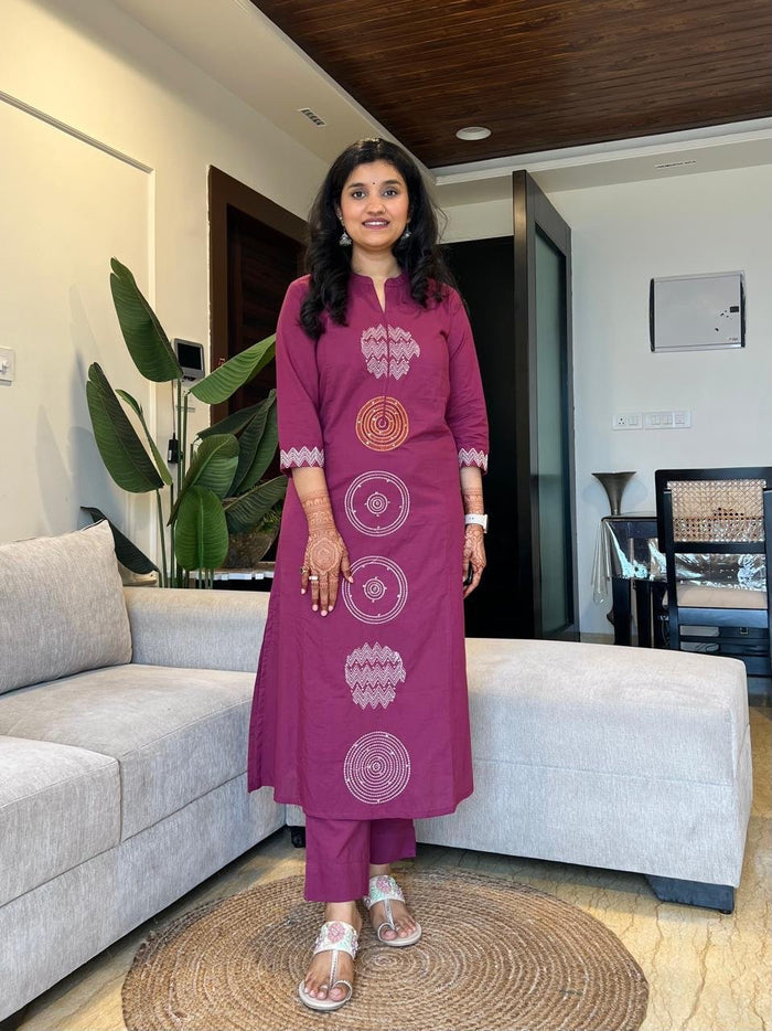 Radha Embroidered Cotton Set- Dark Pink