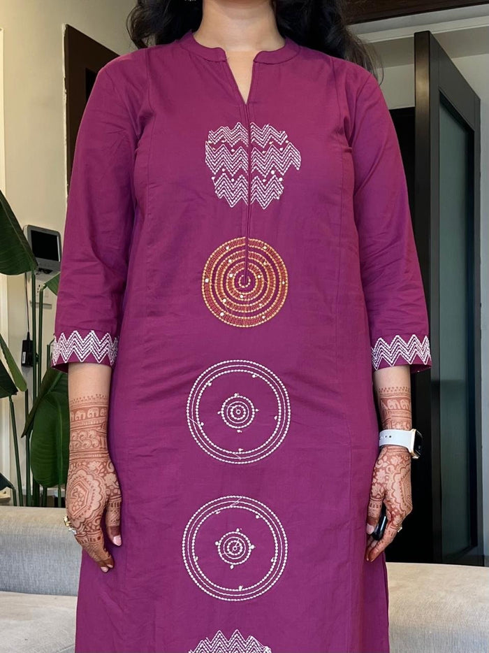 Radha Embroidered Cotton Set- Dark Pink