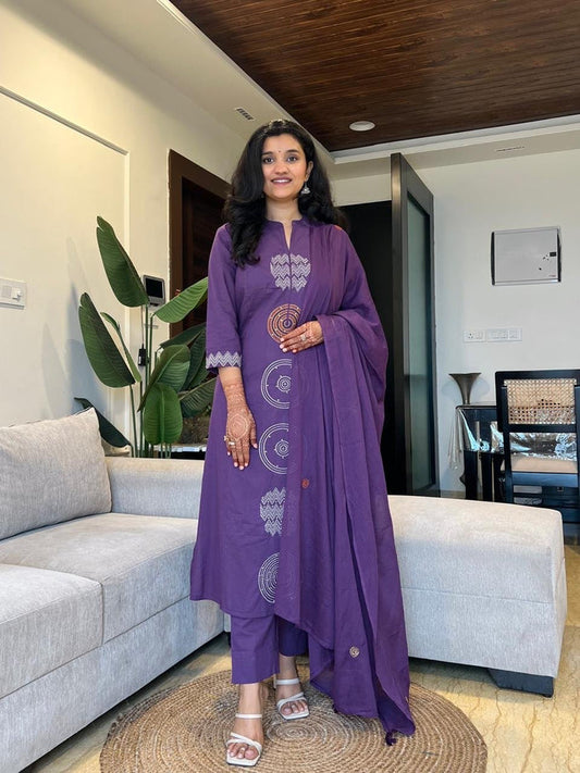 Radha Embroidered Cotton Set- Purple