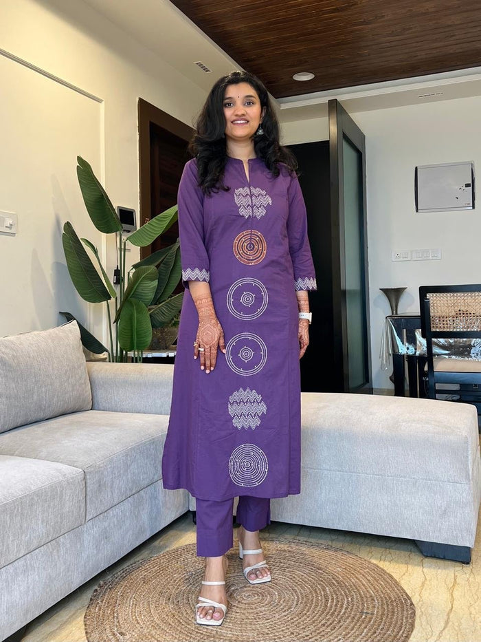 Radha Embroidered Cotton Set- Purple