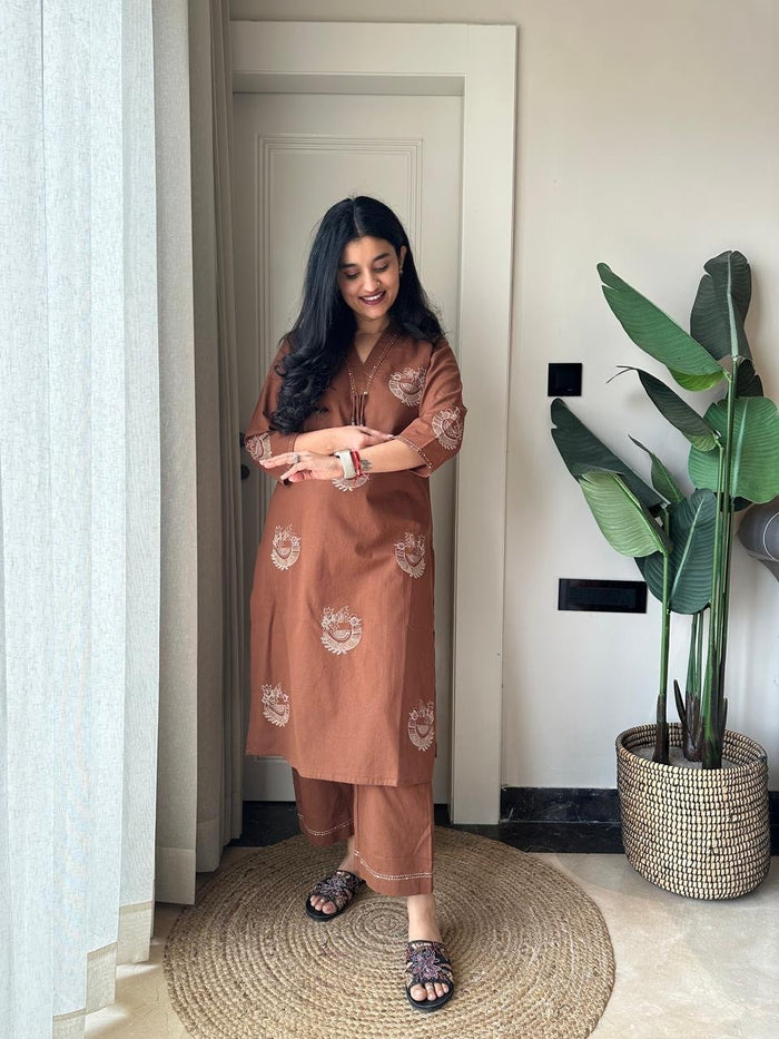 Raisha Embroidered Pant Set- Earthy